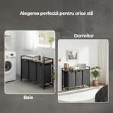 Coș de Rufe Triplu cu Sertar, 120L, Raft Superior, Saculețe Detașabile, 95 x 35 x 72 cm, Negru