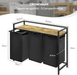 Coș de Rufe Triplu cu Sertar, 120L, Raft Superior, Saculețe Detașabile, 95 x 35 x 72 cm, Negru