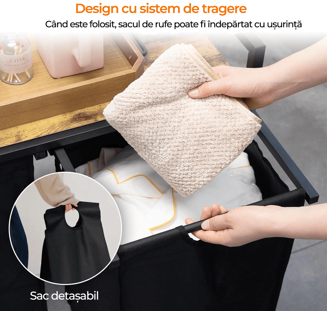Coș de Rufe Triplu cu Sertar, 120L, Raft Superior, Saculețe Detașabile, 95 x 35 x 72 cm, Negru