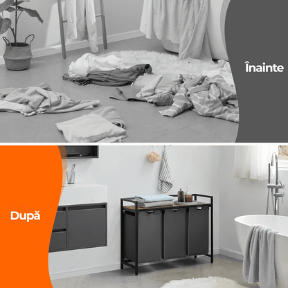 Coș de Rufe Triplu cu Sertar, 120L, Raft Superior, Saculețe Detașabile, 95 x 35 x 72 cm, Negru