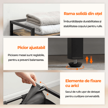 Coș de Rufe Triplu cu Sertar, 120L, Raft Superior, Saculețe Detașabile, 95 x 35 x 72 cm, Negru