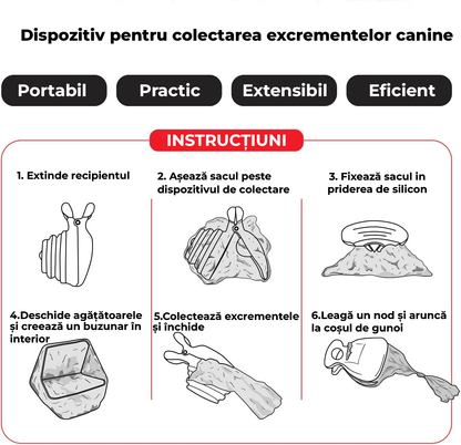Dispozitiv Portabil pentru Colectarea Excrementelor Canine, Extensibil, Compartiment Sac, Gri