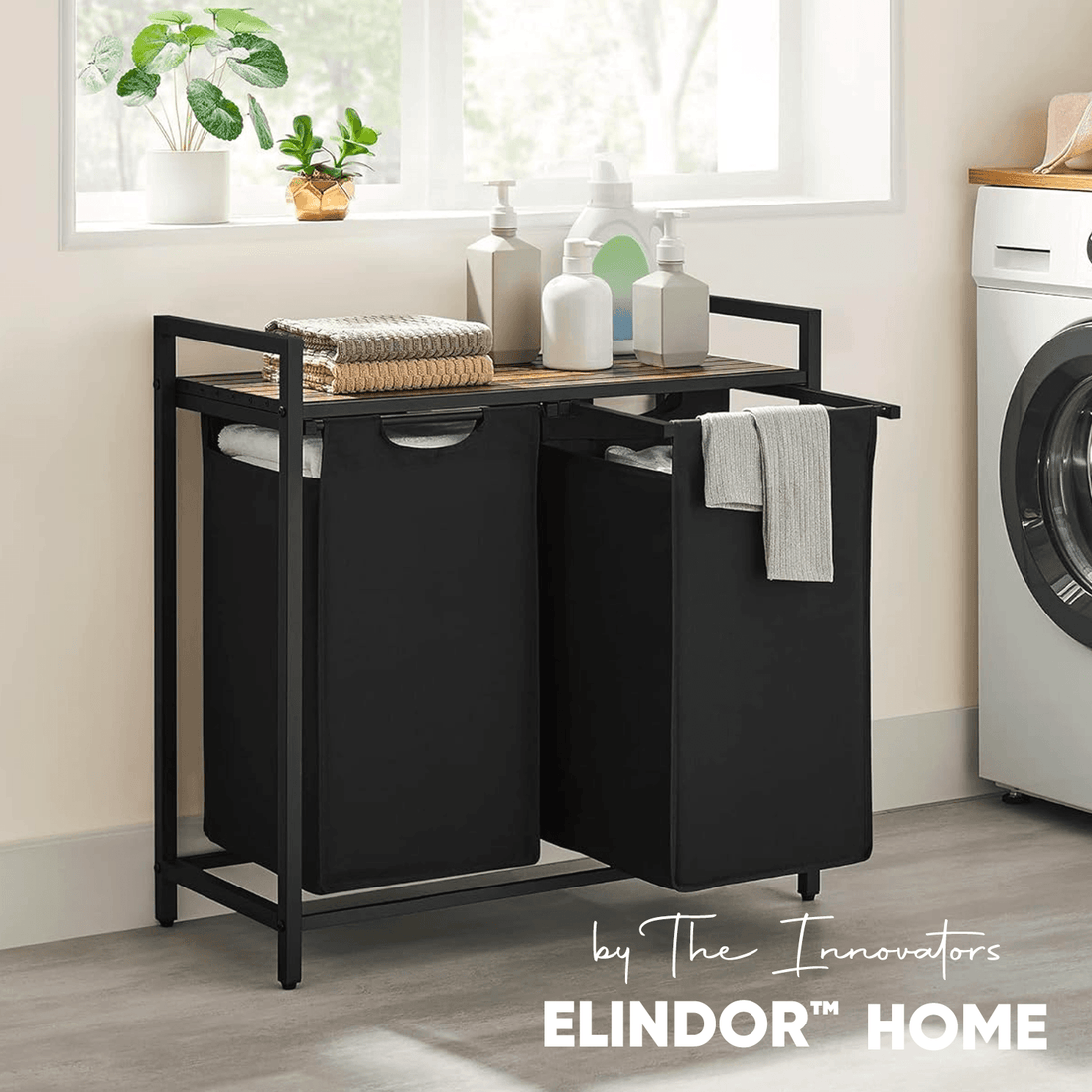 Coș de Rufe Dublu cu Sertar, Volum 92L, Raft Superior, Saculeti Detasabili, 73 x 33 x 72 cm, Negru