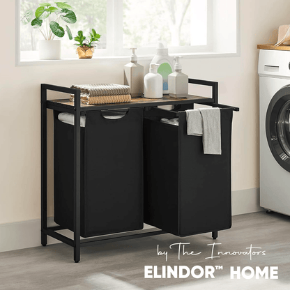 Coș de Rufe Dublu cu Sertar, Volum 92L, Raft Superior, Saculeti Detasabili, 73 x 33 x 72 cm, Negru