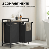 Coș de Rufe Dublu cu Sertar, Volum 92L, Raft Superior, Saculeti Detasabili, 73 x 33 x 72 cm, Negru