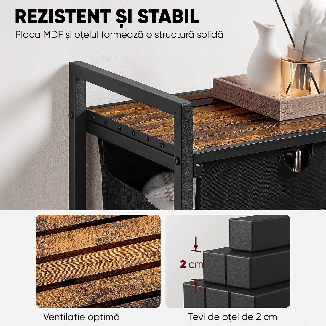 Coș de Rufe Dublu cu Sertar, Volum 92L, Raft Superior, Saculeti Detasabili, 73 x 33 x 72 cm, Negru