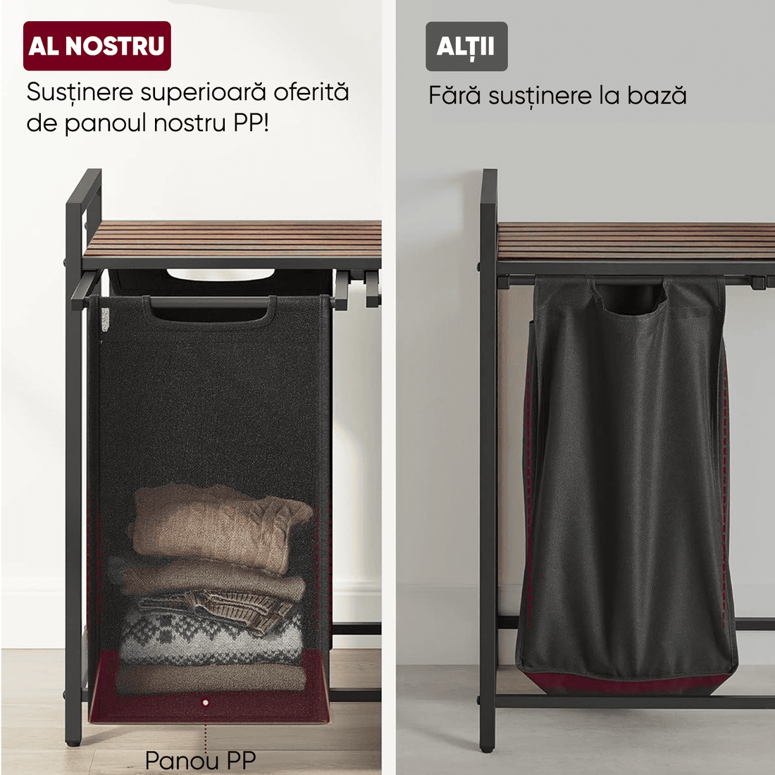 Coș de Rufe Dublu cu Sertar, Volum 92L, Raft Superior, Saculeti Detasabili, 73 x 33 x 72 cm, Negru