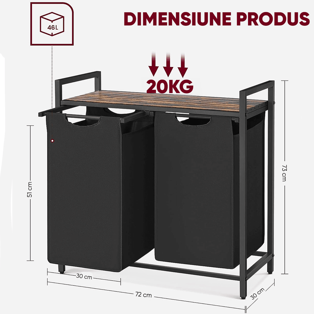 Coș de Rufe Dublu cu Sertar, Volum 92L, Raft Superior, Saculeti Detasabili, 73 x 33 x 72 cm, Negru