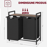 Coș de Rufe Dublu cu Sertar, Volum 92L, Raft Superior, Saculeti Detasabili, 73 x 33 x 72 cm, Negru