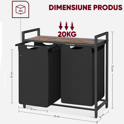 Coș de Rufe Dublu cu Sertar, Volum 92L, Raft Superior, Saculeti Detasabili, 73 x 33 x 72 cm, Negru