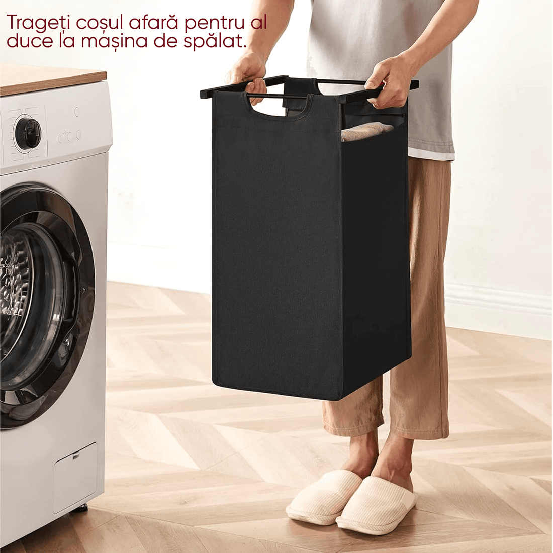 Coș de Rufe Dublu cu Sertar, Volum 92L, Raft Superior, Saculeti Detasabili, 73 x 33 x 72 cm, Negru