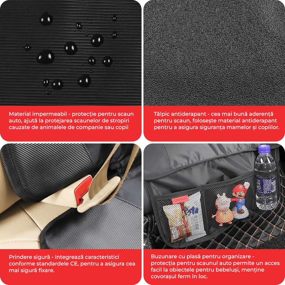 Husă de Protecție pentru Șezut Scaun Auto ISOFIX, Impermeabilă, cu 3 Buzunare din Plasă, Universală, Neagră