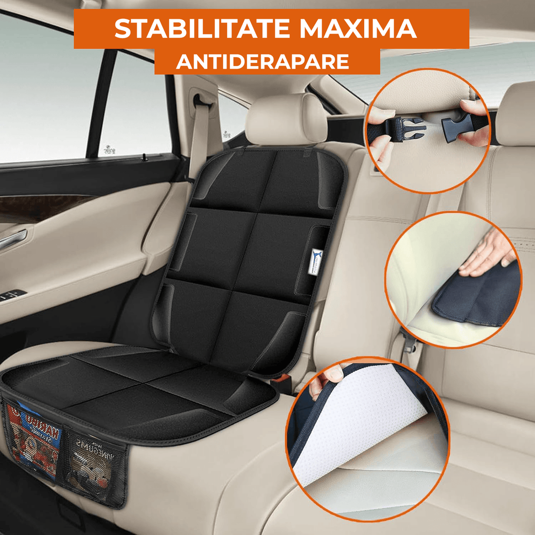 Husă Auto Full ISOFIX, Impermeabilă, cu 2 Buzunare din Plasă, Universală, Neagră