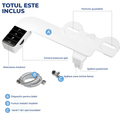 Bideu Retractabil pentru Toaletă cu Auto-Curățare, Control de Presiune, Igienă Personală, Alb