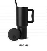 Cană Termos cu Mânere și Capac cu Pai, 1200 ml, Oțel Inoxidabil, Negru
