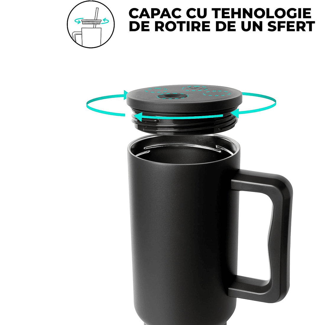 Cană Termos cu Mânere și Capac cu Pai, 1200 ml, Oțel Inoxidabil, Negru