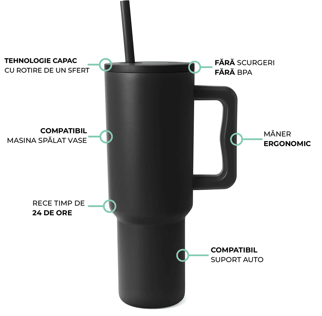 Cană Termos cu Mânere și Capac cu Pai, 1200 ml, Oțel Inoxidabil, Negru
