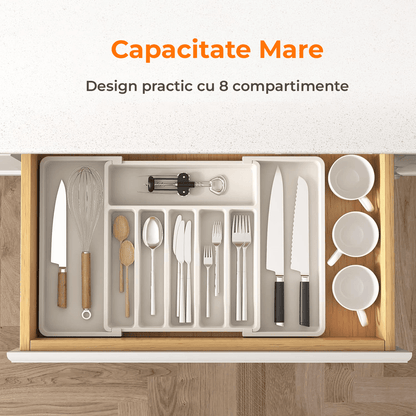 Organizator Tacâmuri Extensibil, Suport Ajustabil pentru Tacâmuri și Cuțite, Spațios, Alb