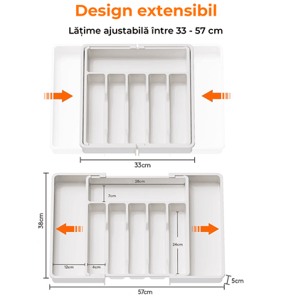 Organizator Tacâmuri Extensibil, Suport Ajustabil pentru Tacâmuri și Cuțite, Spațios, Alb