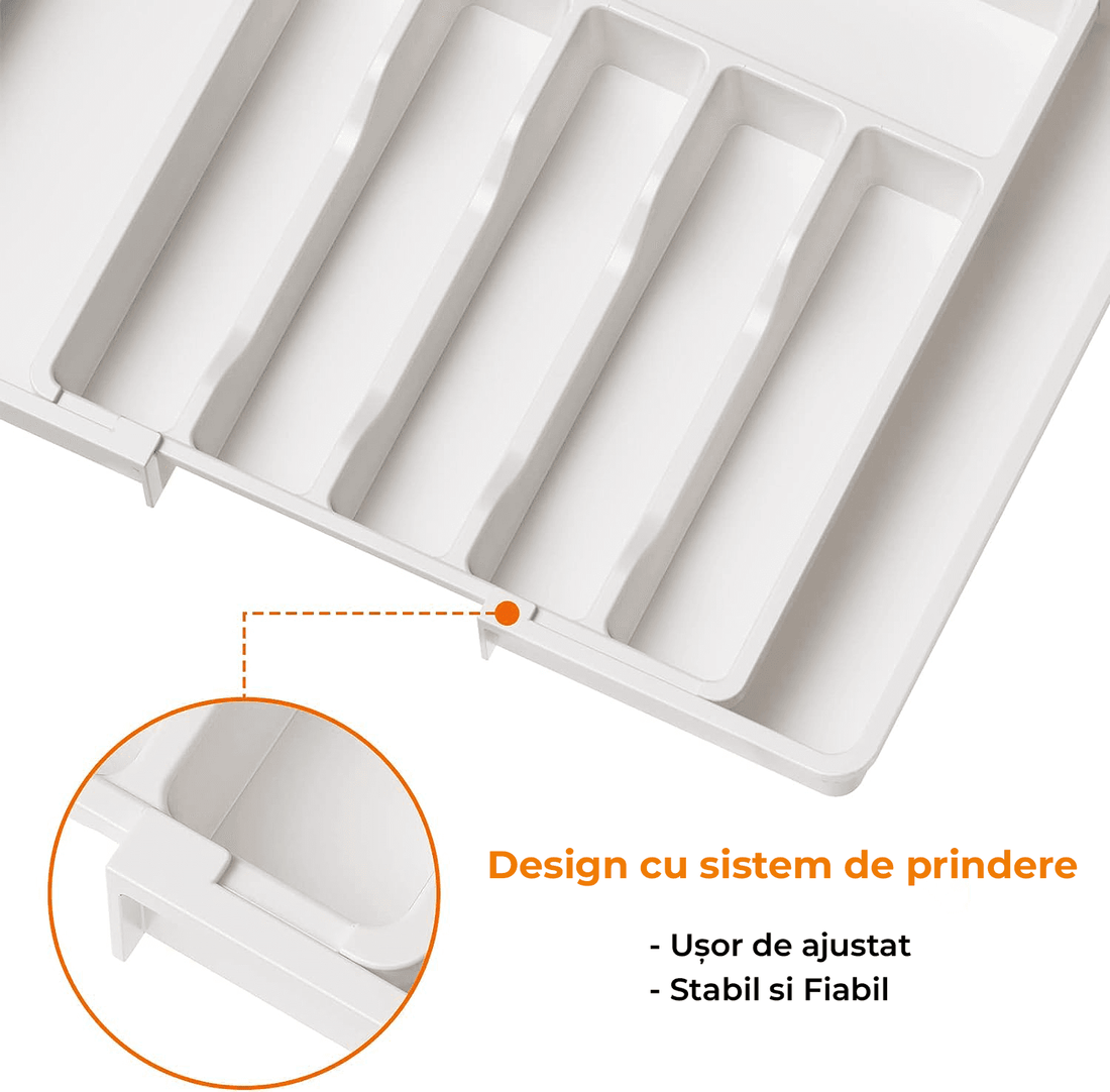 Organizator Tacâmuri Extensibil, Suport Ajustabil pentru Tacâmuri și Cuțite, Spațios, Alb