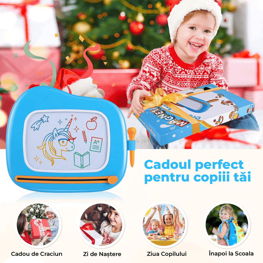 Tabla magnetică de desen pentru copii, masă de desenat, jucărie educativă, 4 culori, 25 cm, Albastru.