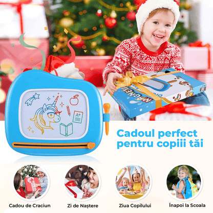 Tabla magnetică de desen pentru copii, masă de desenat, jucărie educativă, 4 culori, 25 cm, Albastru.