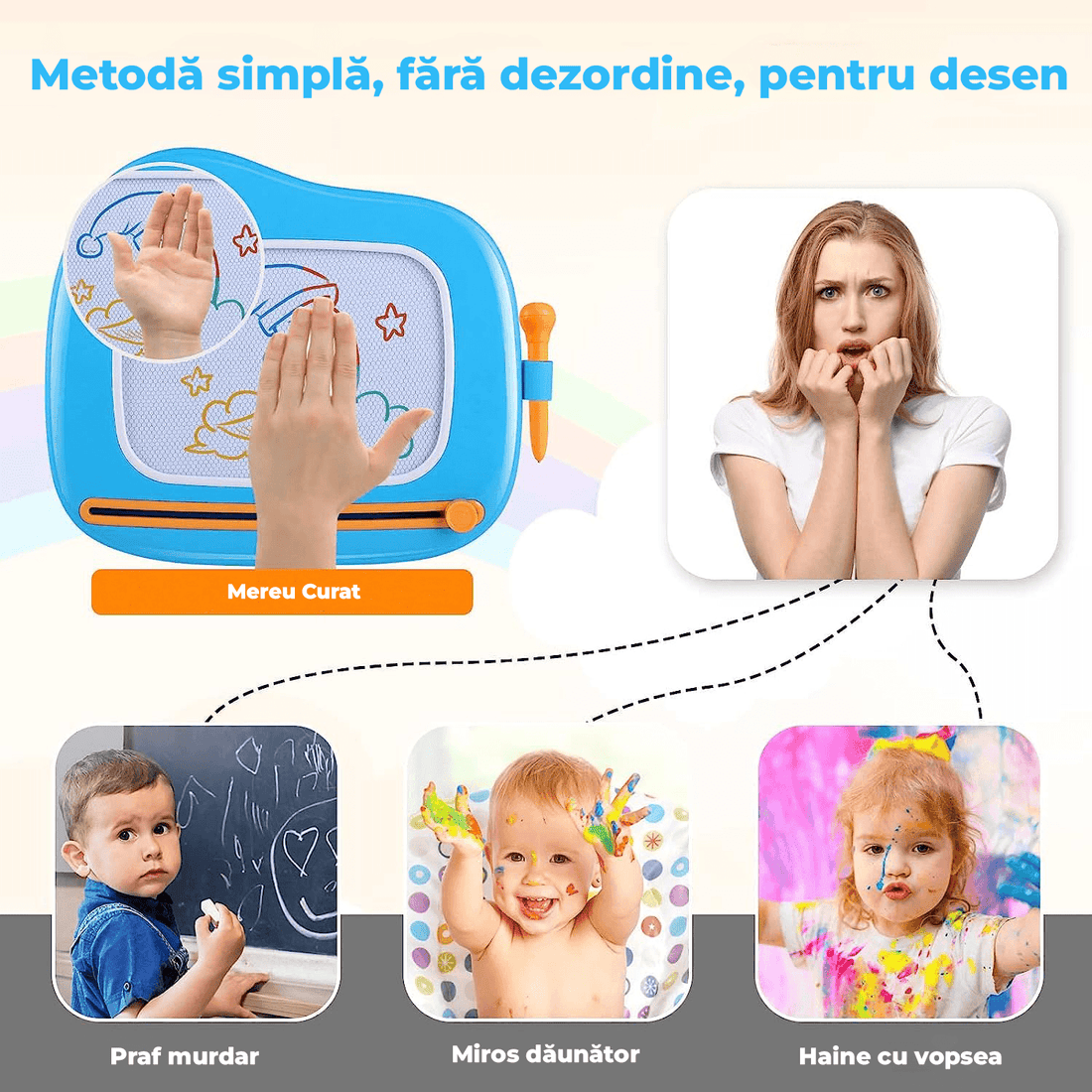 Tabla magnetică de desen pentru copii, masă de desenat, jucărie educativă, 4 culori, 25 cm, Albastru.