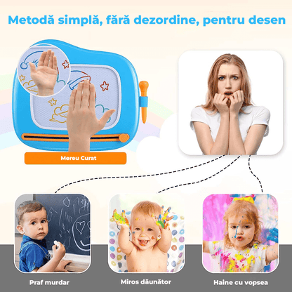 Tabla magnetică de desen pentru copii, masă de desenat, jucărie educativă, 4 culori, 25 cm, Albastru.