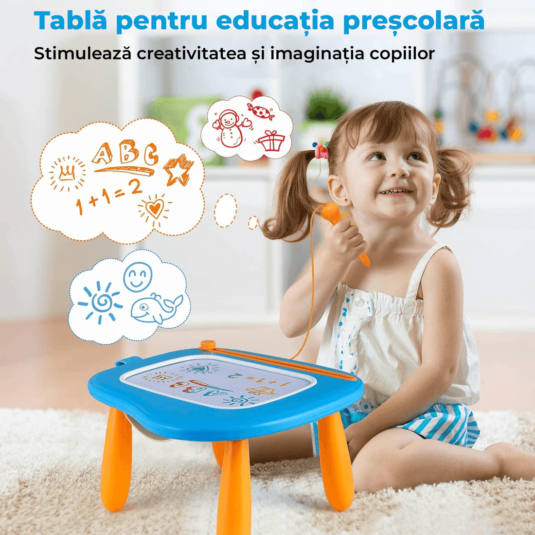 Tabla magnetică de desen pentru copii, masă de desenat, jucărie educativă, 4 culori, 25 cm, Albastru.