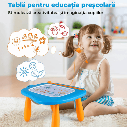 Tabla magnetică de desen pentru copii, masă de desenat, jucărie educativă, 4 culori, 25 cm, Albastru.