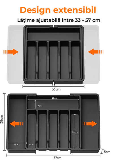 Organizator Tacâmuri Extensibil, Suport Ajustabil pentru Tacâmuri și Cuțite, Spațios, Negru