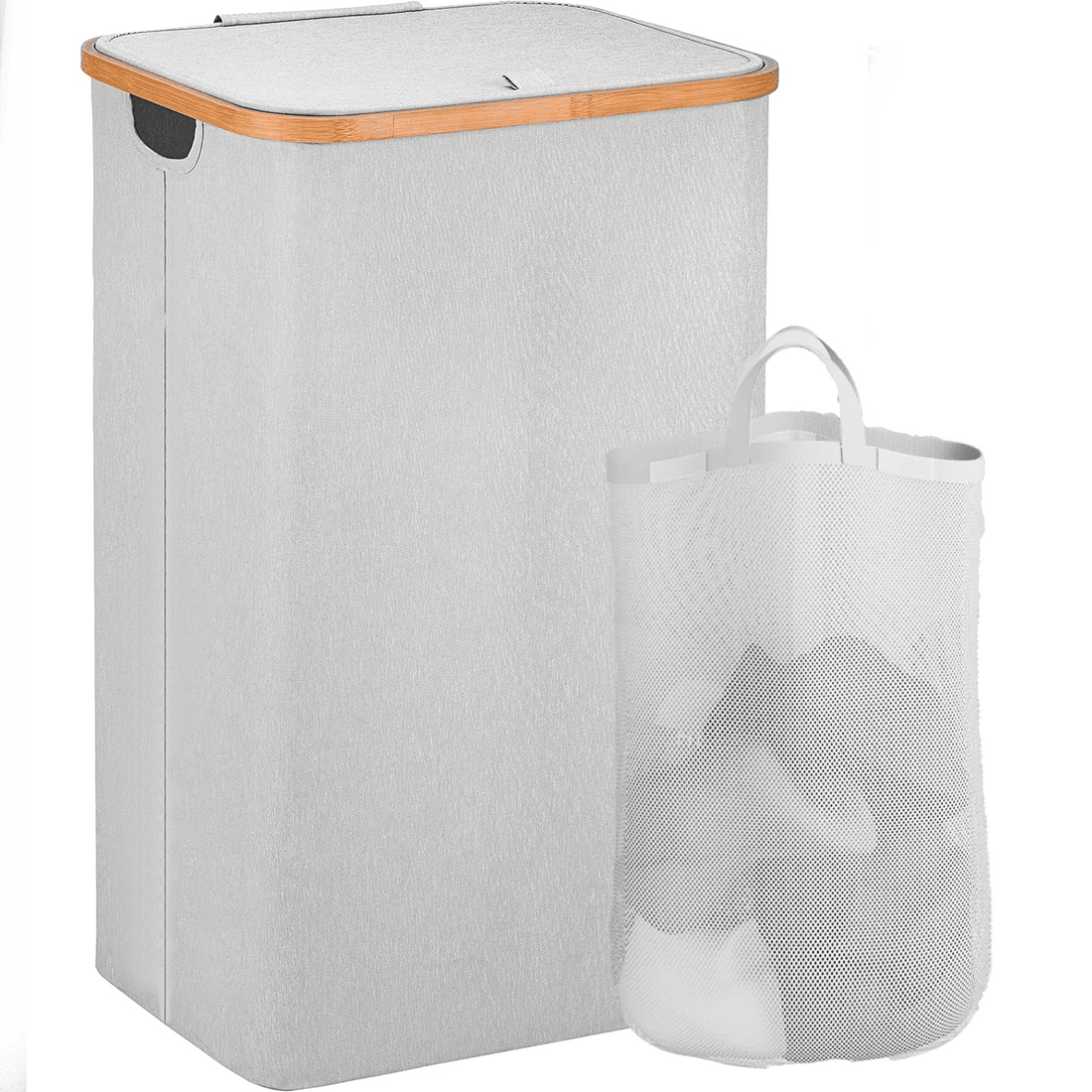 Coș de Rufe Pliabil din Bambus, cu Capac și Sac Detașabil, 100 L, 74 x 41 x 33 cm, Material Textil, Gri Deschis