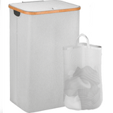 Coș de Rufe Pliabil din Bambus, cu Capac și Sac Detașabil, 100 L, 74 x 41 x 33 cm, Material Textil, Gri Deschis