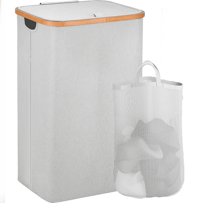 Coș de Rufe Pliabil din Bambus, cu Capac și Sac Detașabil, 100 L, 74 x 41 x 33 cm, Material Textil, Gri Deschis