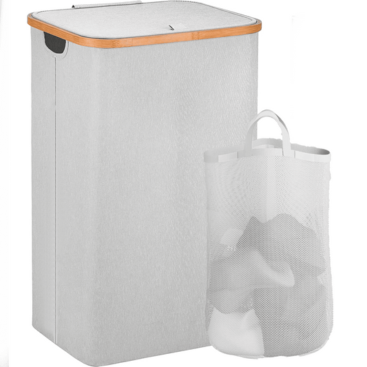 Coș de Rufe Pliabil din Bambus, cu Capac și Sac Detașabil, 100 L, 74 x 41 x 33 cm, Material Textil, Gri Deschis