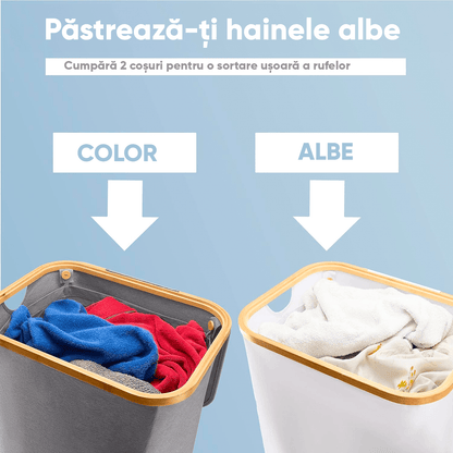 Coș de Rufe Pliabil din Bambus, cu Capac și Sac Detașabil, 100 L, 74 x 41 x 33 cm, Material Textil, Gri Deschis