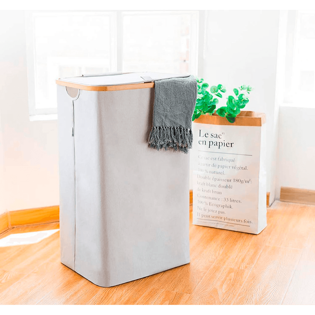 Coș de Rufe Pliabil din Bambus, cu Capac și Sac Detașabil, 100 L, 74 x 41 x 33 cm, Material Textil, Gri Deschis