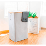 Coș de Rufe Pliabil din Bambus, cu Capac și Sac Detașabil, 100 L, 74 x 41 x 33 cm, Material Textil, Gri Deschis