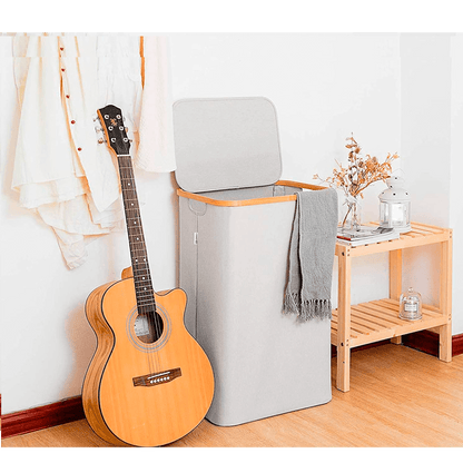 Coș de Rufe Pliabil din Bambus, cu Capac și Sac Detașabil, 100 L, 74 x 41 x 33 cm, Material Textil, Gri Deschis