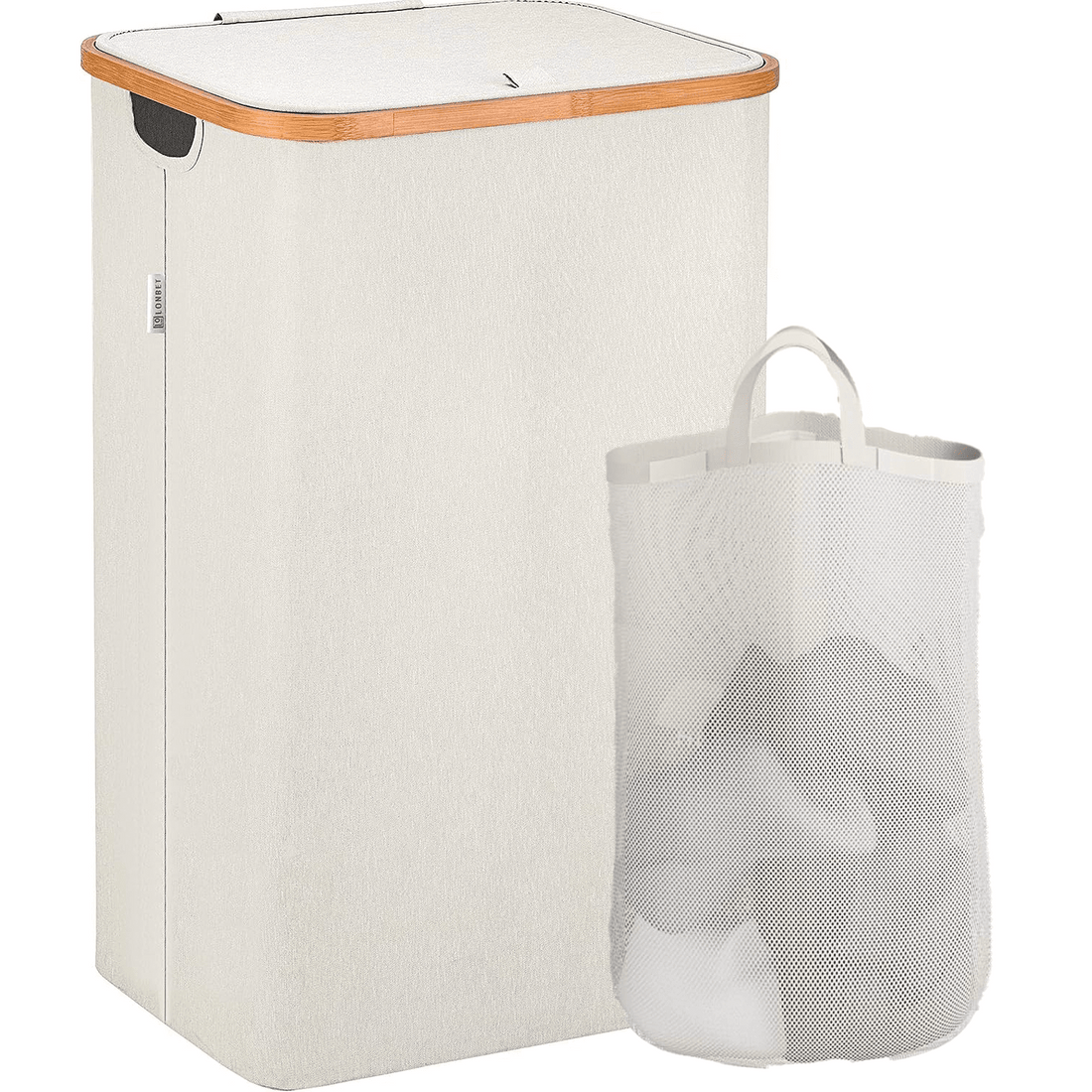 Coș de Rufe Pliabil din Bambus, cu Capac și Sac Detașabil, 100 L, 74 x 41 x 33 cm, Material Textil, Beige
