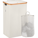 Coș de Rufe Pliabil din Bambus, cu Capac și Sac Detașabil, 100 L, 74 x 41 x 33 cm, Material Textil, Beige