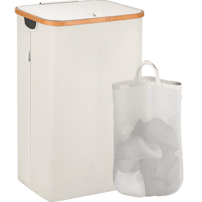 Coș de Rufe Pliabil din Bambus, cu Capac și Sac Detașabil, 100 L, 74 x 41 x 33 cm, Material Textil, Beige