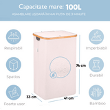 Coș de Rufe Pliabil din Bambus, cu Capac și Sac Detașabil, 100 L, 74 x 41 x 33 cm, Material Textil, Beige