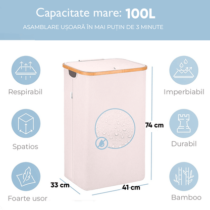 Coș de Rufe Pliabil din Bambus, cu Capac și Sac Detașabil, 100 L, 74 x 41 x 33 cm, Material Textil, Beige