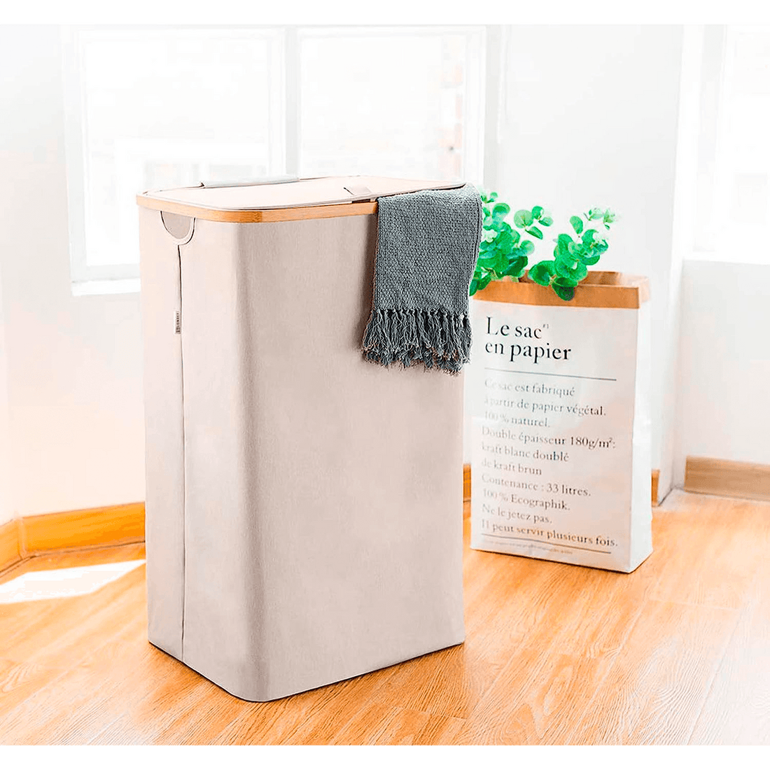 Coș de Rufe Pliabil din Bambus, cu Capac și Sac Detașabil, 100 L, 74 x 41 x 33 cm, Material Textil, Beige