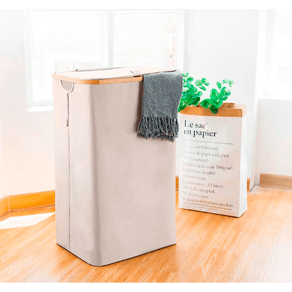 Coș de Rufe Pliabil din Bambus, cu Capac și Sac Detașabil, 100 L, 74 x 41 x 33 cm, Material Textil, Beige