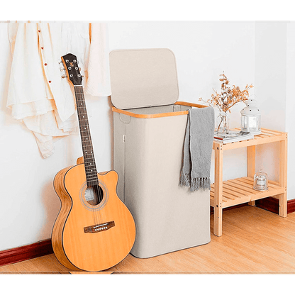 Coș de Rufe Pliabil din Bambus, cu Capac și Sac Detașabil, 100 L, 74 x 41 x 33 cm, Material Textil, Beige