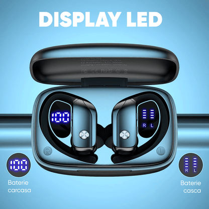 Căști Wireless Sport, Bluetooth 5.0, IPX5, LED, 48h Autonomie, Microfon, Universale, Negru