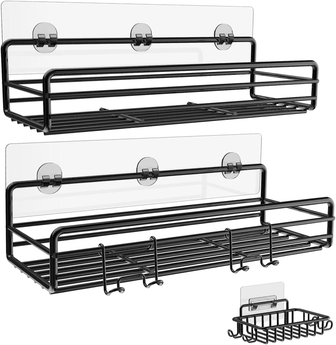 Raft de Duș cu Etajeră și Suport Săpun, Organizator Baie, Oțel Inoxidabil, 2 Rafturi, Negru, cu Adeziv