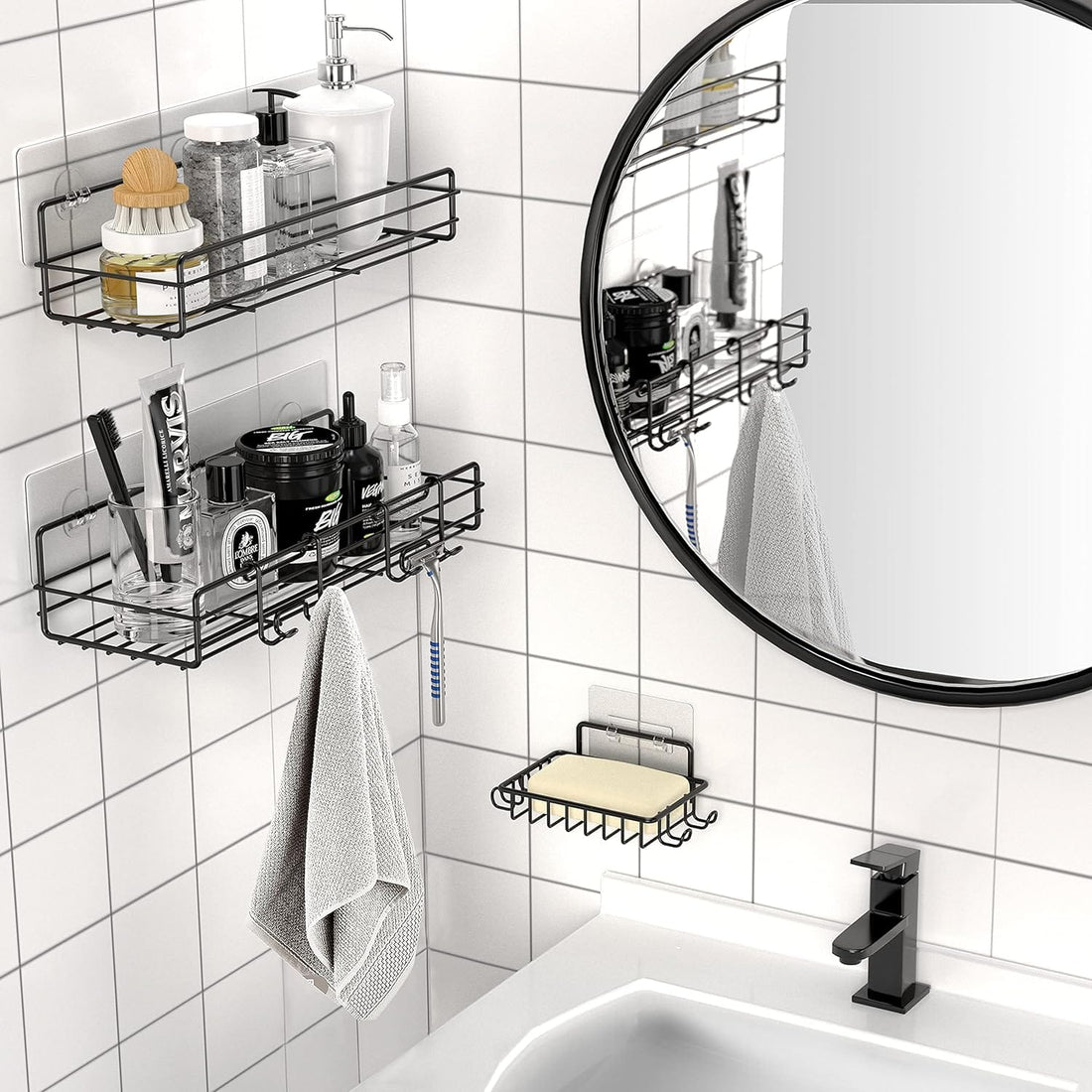 Raft de Duș cu Etajeră și Suport Săpun, Organizator Baie, Oțel Inoxidabil, 2 Rafturi, Negru, cu Adeziv